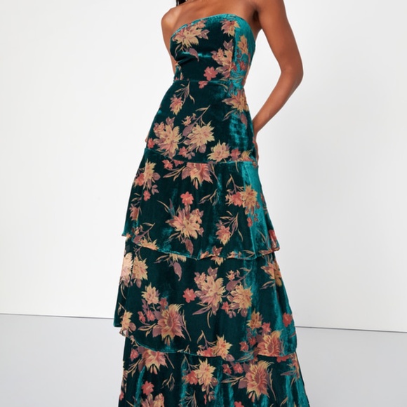 Lulus Real Allure Emerald Floral Burnout Velvet Strapless Maxi Dress Green - Picture 1 of 4